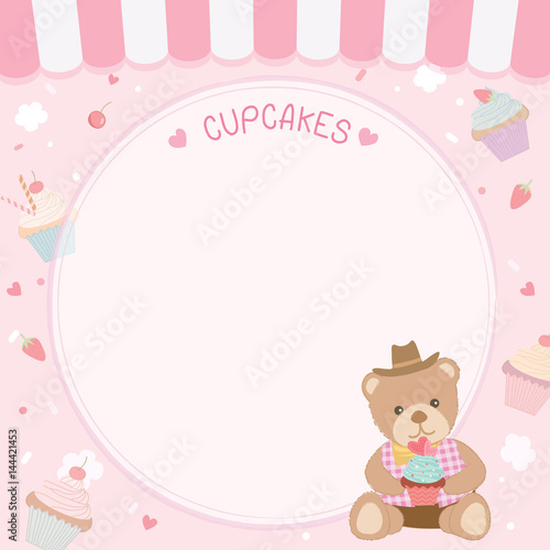 Cute cupcakes decorated with teddy bear for menu on pink pastel background.