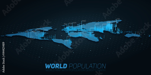World population map big data visualization. Futuristic map infographic. Information aesthetics. Visual data complexity. Complex world data graphic visualization. Society density data on map graph.