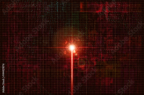 Electronic signal in the cyber world. Birth of artificial intelligence. Shining beam on circuit colorful background with binary numbers. Innovation idea creation. Impulse in cyber neural network node.