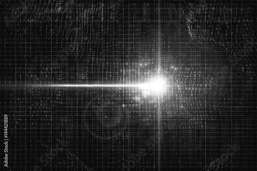 Electronic signal in the cyber world. Birth of artificial intelligence. Shining beam on circuit grayscale background with binary numbers. Innovation idea creation. Impulse in cyber neural network node