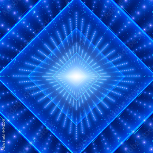 Vector data flow visualization. Square glowing tunnel of blue big data flow as binary strings. Cyber world of code. Cryptographic analysis. Bitcoin blockchain transfer. Information stream