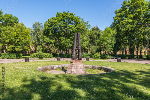 Cannon monument in centre of 19th century military fortress in Daugavpils, Latvia