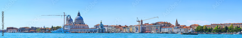 Panoramic cityscape beautiful ancient town. Venice, laguna view on Basilica di Santa Maria della Salute. Venice, Italy.