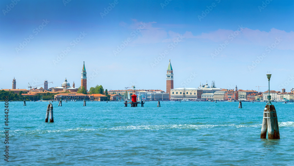 Panoramic cityscape beautiful ancient town. Venice, laguna view on Piazza San Marco with Campanile, Doge Palace. Venice, Italy.