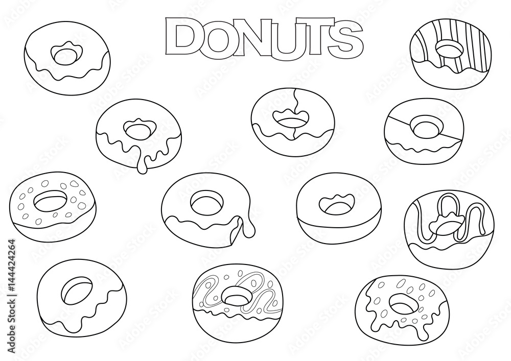 Donuts elements hand drawn set. Coloring book template.  Outline doodle elements vector illustration. Kids game page.