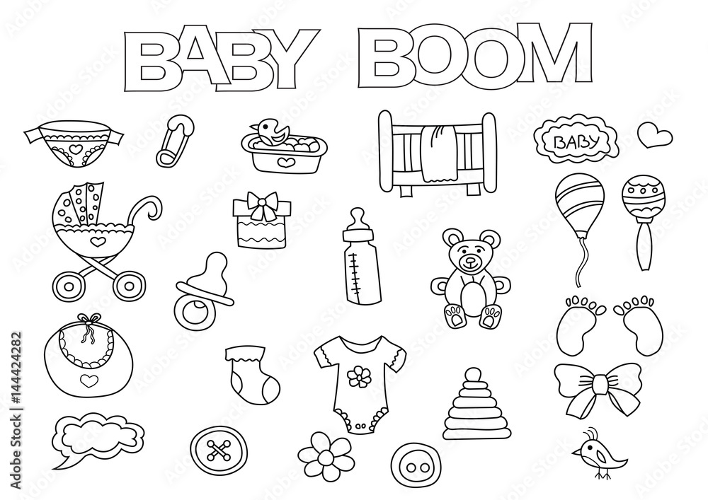 Baby boom elements hand drawn set. Coloring book template.  Outline doodle elements vector illustration. Kids game page.