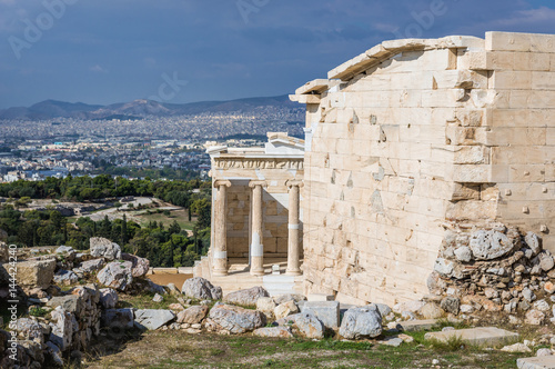 Ruins of Athena Nike temple on Acropolis hill, Athens, Greece