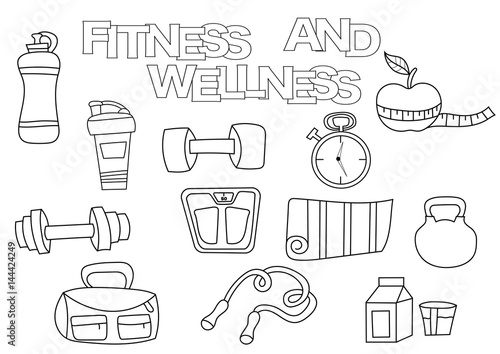 Hand drawn fitness and wellness set. Coloring book template. Outline doodle elements vector illustration. Kids game page.