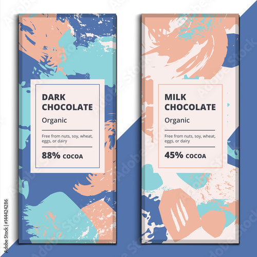 Organic dark and milk chocolate bar design. Creative abstract choco packaging vector mockup. Trendy luxury product branding template with label and pattern.
