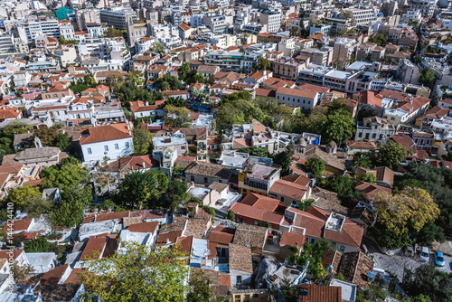 Aerial view on Plaka old town from Acropolis hill of Athens, Greece