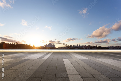Photography empty floor with bridge and cityscape of modern city
