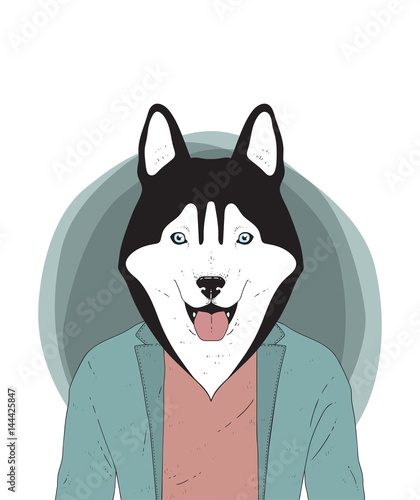 Vector illustration with siberian husky dog, human body