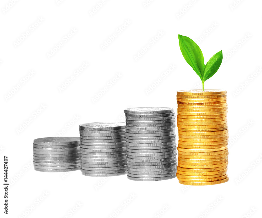 Savings, increasing columns of gold and silver coins and green plant Savings, increasing columns of gold and silver coins and green plant