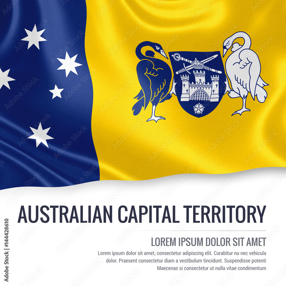 Flag of Australian state Australian Capital Territory waving on an isolated white background. State name and the text area for your message.