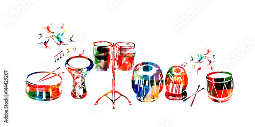 Music instruments background. Colorful drum, darbuka, bongo drums, indian tabla and traditional Turkish drum isolated vector illustration