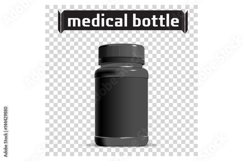 Medical Bottle. Pharmacy. Template of small Black Plastic bottle. For medical ointment, pills, tabs. Packaging. Vector illustration.