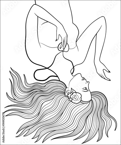 Pretty girl with flowers in her hair and heart-shaped pendant. Beautiful woman lying down on the ground with long hair spreading out. Antistress coloring page for adults