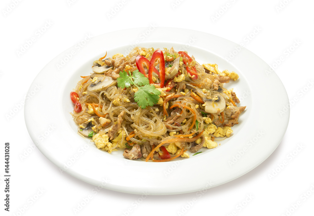 thai noodles with meat and mushrooms isolated
