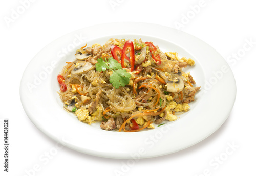 thai noodles with meat and mushrooms isolated