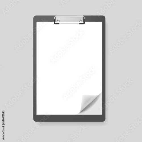 Realistic clipboard folder with blank white sheet of paper with curled corner, vector mockup