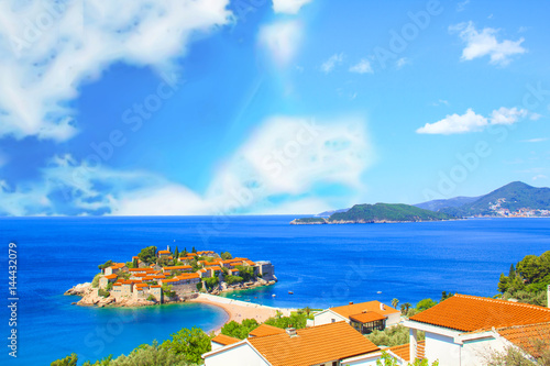 Beautiful view of the island-resort of St. Stefan (Sveti Stefan) on the Budva Riviera, Budva, Montenegro on a sunny day