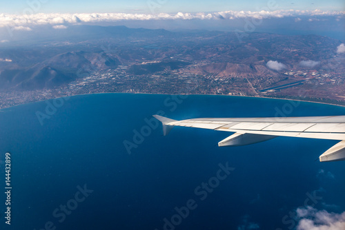 Greek coastline seen from plane window. View with Kotroni Airport