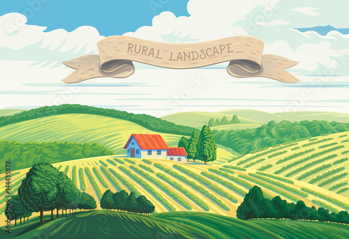 Rural summer landscape with hills and village. Ribbon for the signature.