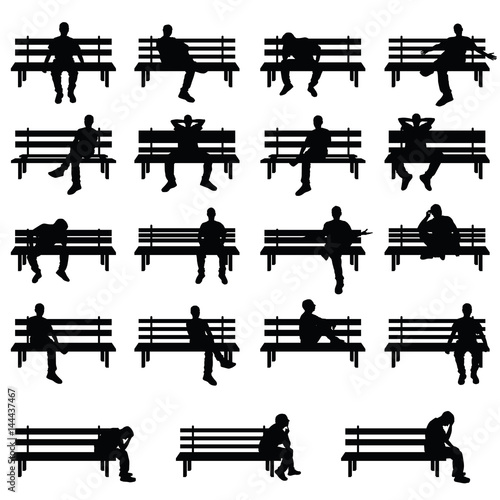 man silhouette sitting on bench set in black color illustration
