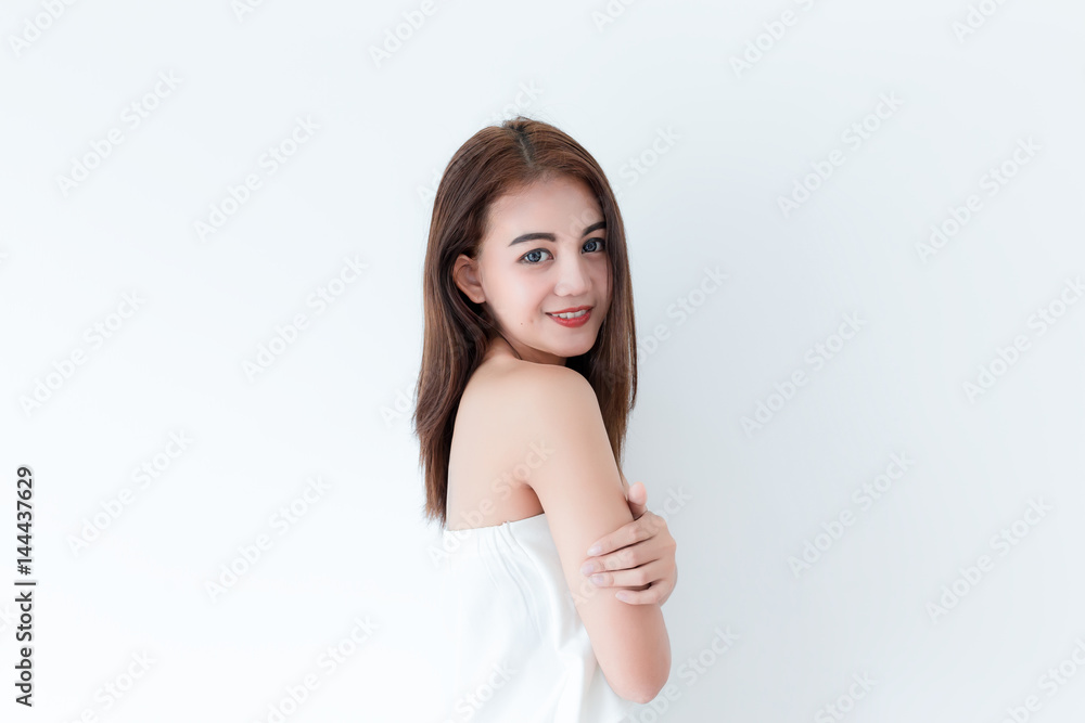 Closeup portrait of asian woman face skincare on white background Closeup portrait of asian woman face skincare on white background