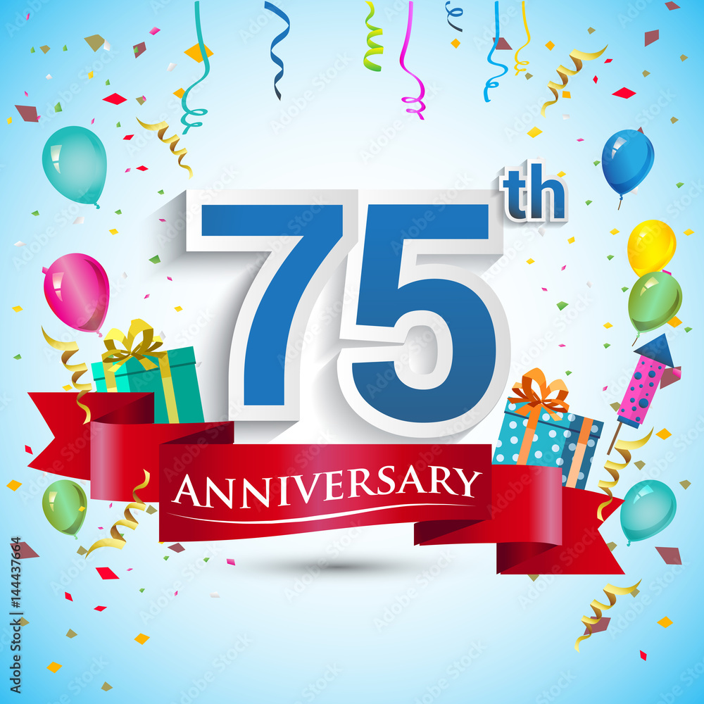 75th Years Anniversary Celebration Design, with gift box and balloons, Red ribbon, Colorful Vector template elements for your seventy five birthday celebrating party.