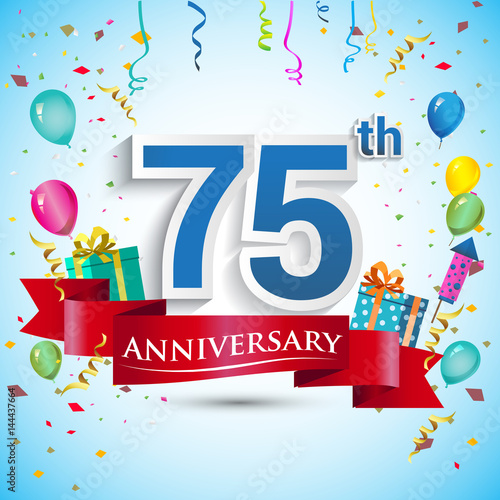 75th Years Anniversary Celebration Design  with gift box and balloons  Red ribbon  Colorful Vector template elements for your seventy five birthday celebrating party.