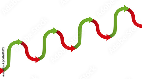 Upward trend graph - gradual increase figure for growth with temporary descending or declining phases of a development, depicted with a rhythmically ascending green and descending red arrows. photo