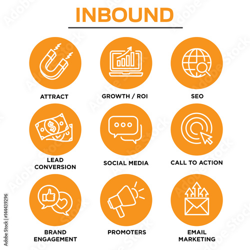 Inbound Marketing Vector Icons with growth, roi, call to action, seo, lead conversion, social media, attract, brand engagement, promoters, campaign, smm