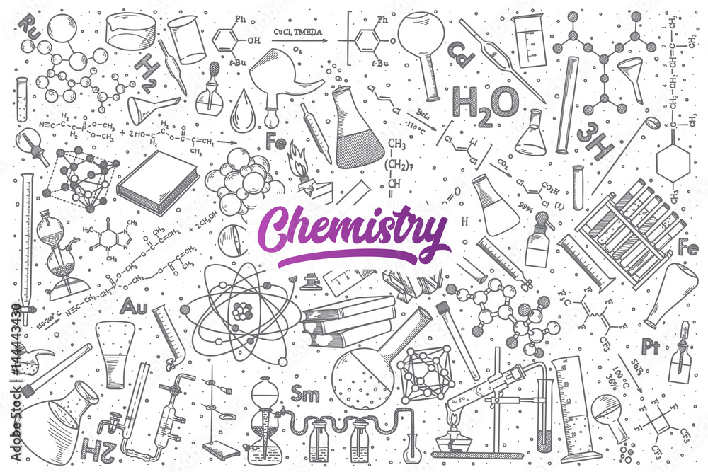 Hand drawn Chemistry doodle set background with purple lettering in vector