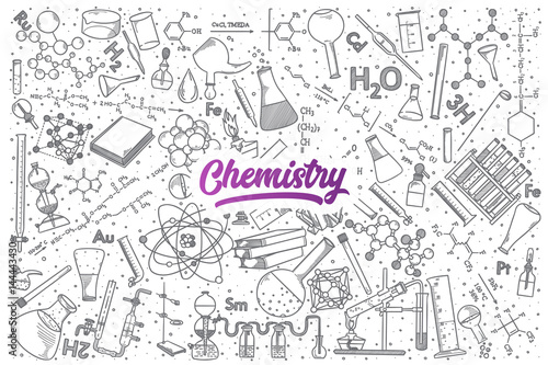 Hand drawn Chemistry doodle set background with purple lettering in vector