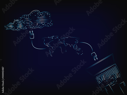 electronic cloud connected to global network and laptop photo