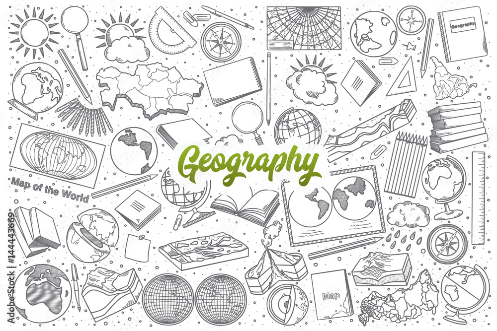 Hand drawn Geography doodle set background with green lettering in vector