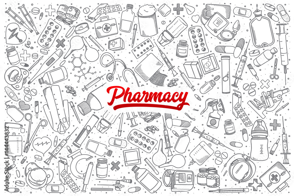 Hand drawn Pharmacy doodle set background with red lettering in vector