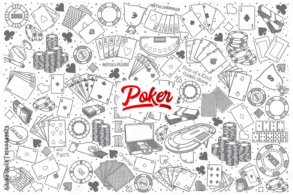 Hand drawn Poker doodle set background with red lettering in vector