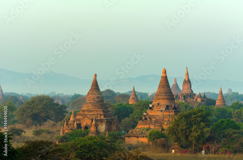 Beautiful Ancient land with thousands of ancient temples  tourists waiting for sunset on ancient Temple in Bagan  Myanmar  color tone effect.
