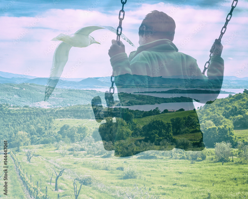 Multiple exposure of kid on swing and gorgeous landscape with seagull flying