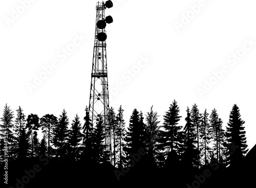 antenna tower silhouette in black forest isolated on white