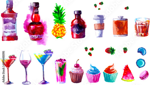 Vector alcohol and sweets. watercolor