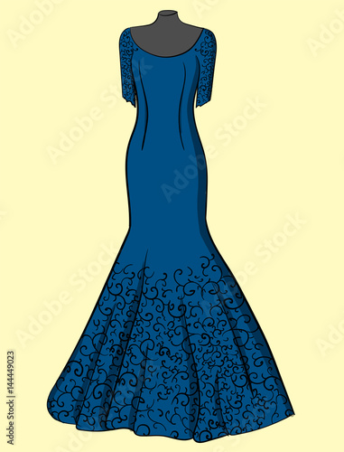 Blue dress with black lace on a beige background eps 10 illustration
