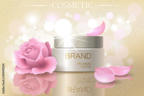 Rose petal flower extract cosmetic ads template, realistic 3D illustration skincare moisturizing mockup elegant glow background