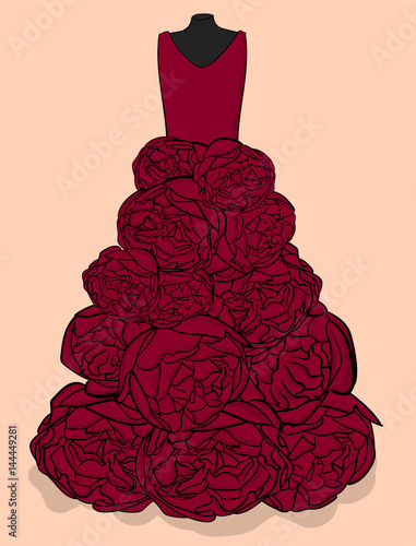 Purple long dress with a hem made in the form of large peonies eps 10 illustration