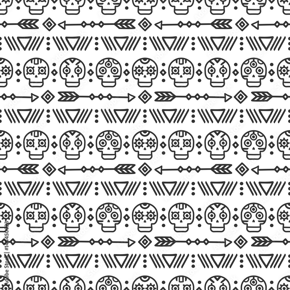 Day of the Dead. Tribal hand drawn line mexican ethnic seamless pattern. Border. Wrapping paper. Print. Doodles. Tiling. Handmade native vector illustration. Aztec background. Texture. Style skull.