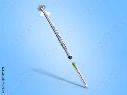 single-use syringe 3d render on blue background