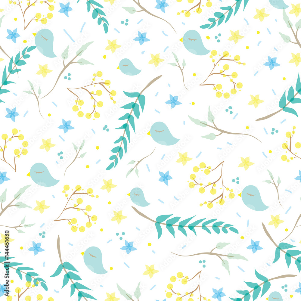 Seamless pattern with cute little birds, branches, flowers, leaves for your design. Pastel blue and green color
