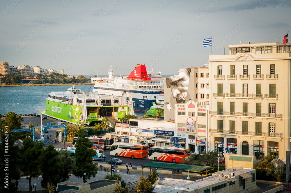 Greece, Athens, August 2016, Pireus Harbor view from top of the building. Big transportation ship
